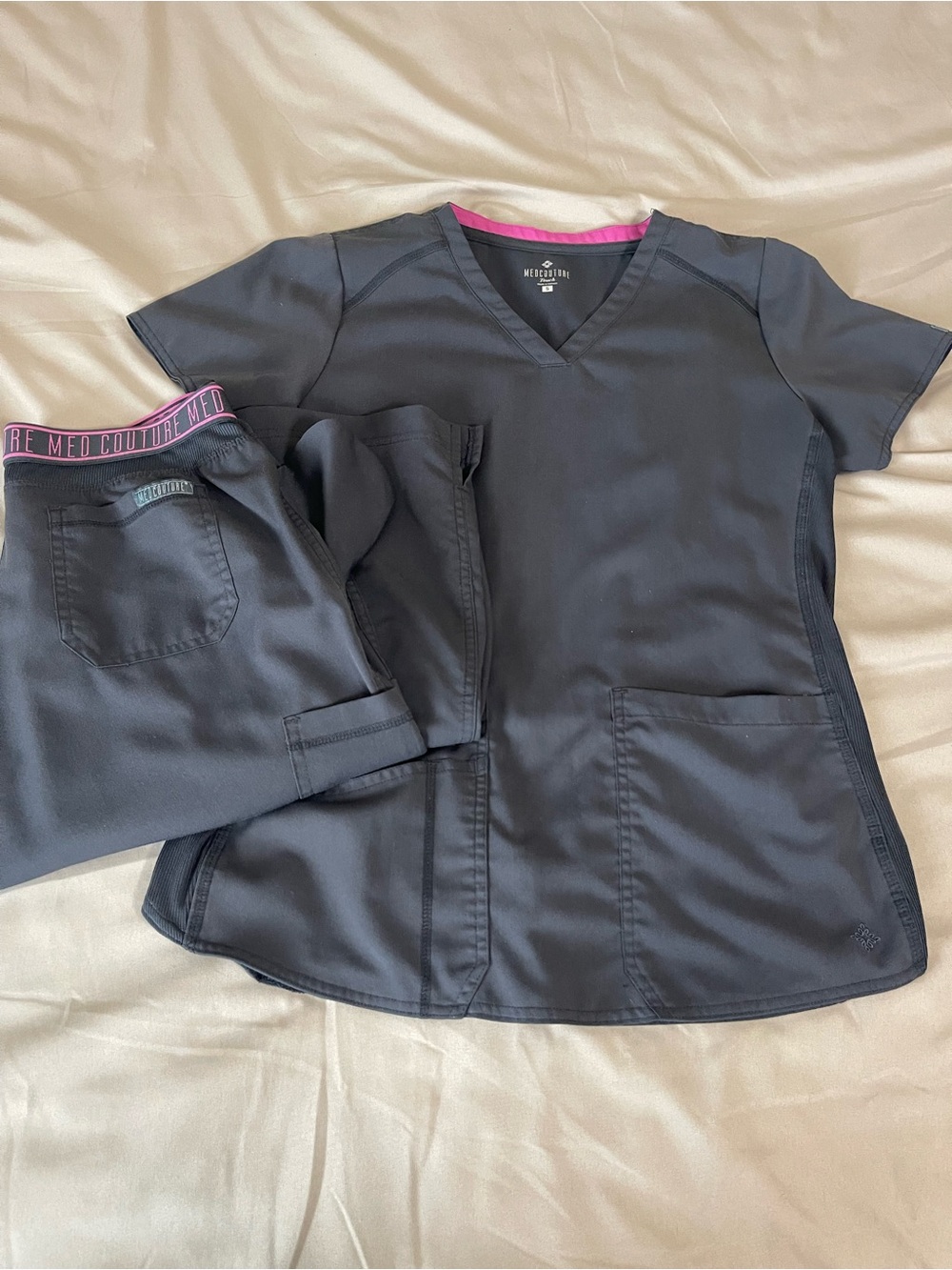 Med Couture gray Scrub Set with Pink Trim